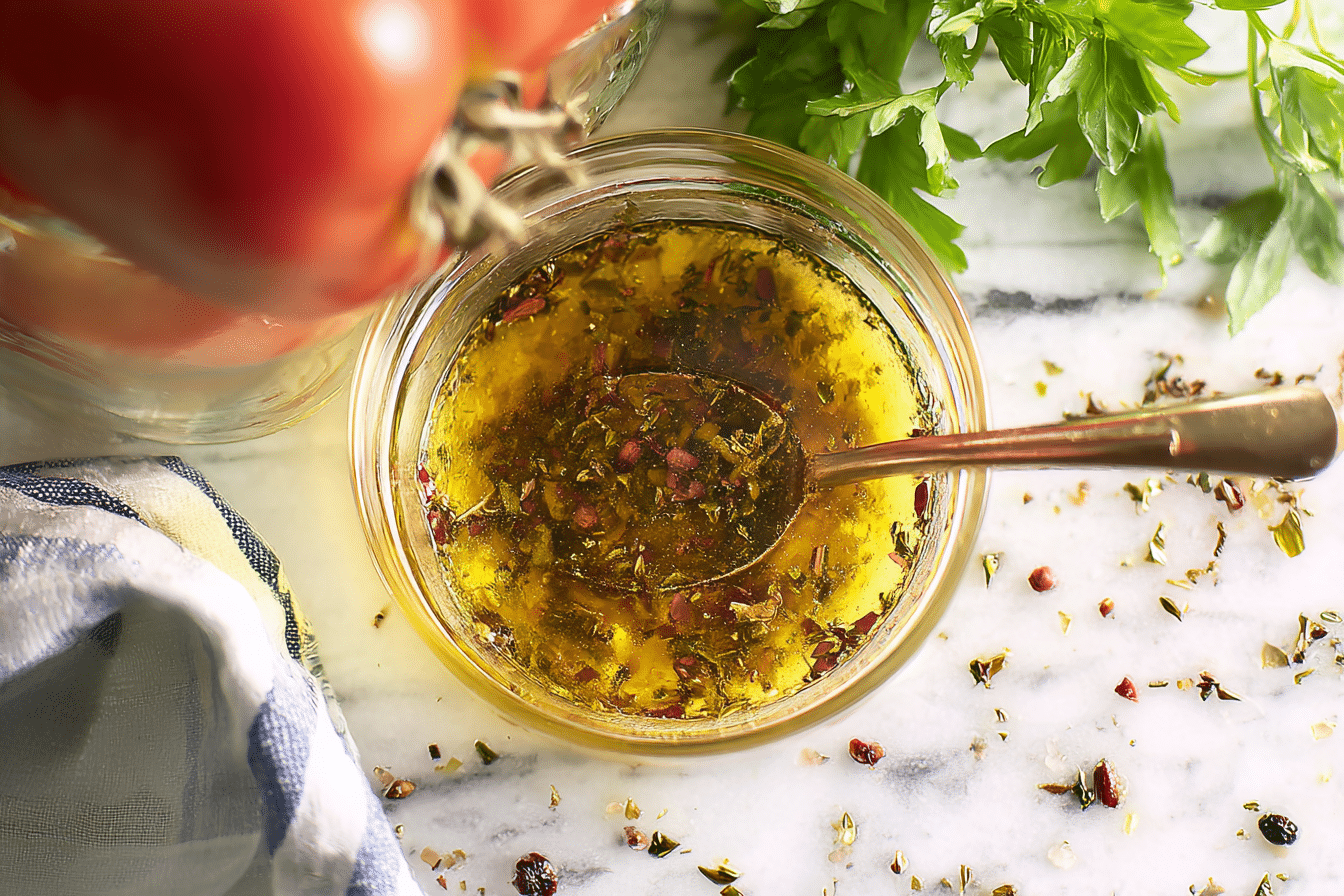 Golden homemade Italian dressing in a glass bottle, showcasing the richness from bloomed dried herbs.