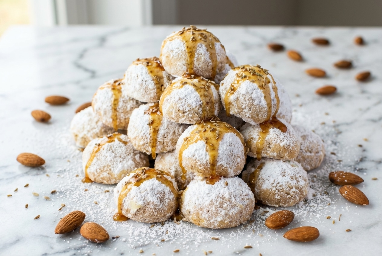 A platter of fluffy italian wedding cookies, each perfectly round and lightly dusted with confectioners' sugar highlighting the rich brown butter and toasted anisette notes.