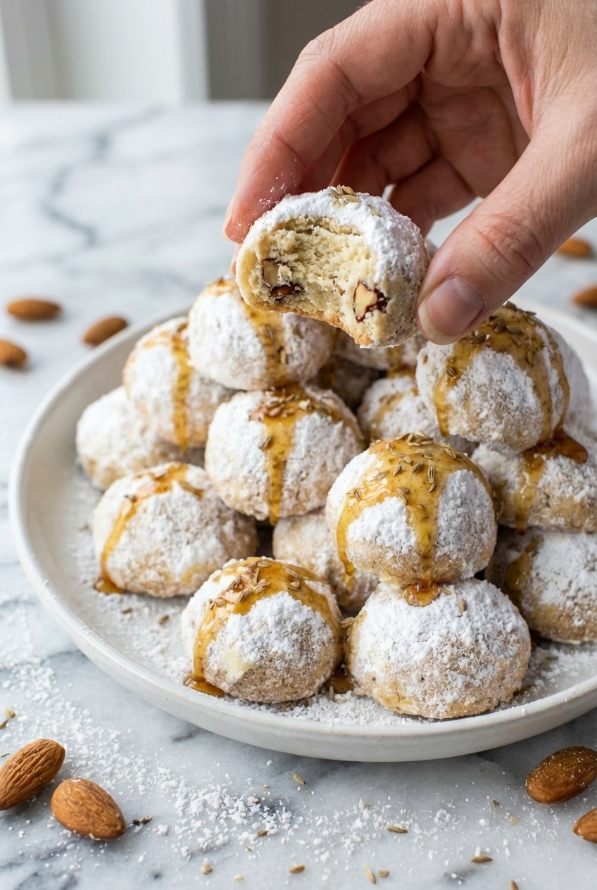 A porcelain plate piled high with delicate italian wedding cookies, each coated in confectioners' sugar, ready to be served at a festive gathering.