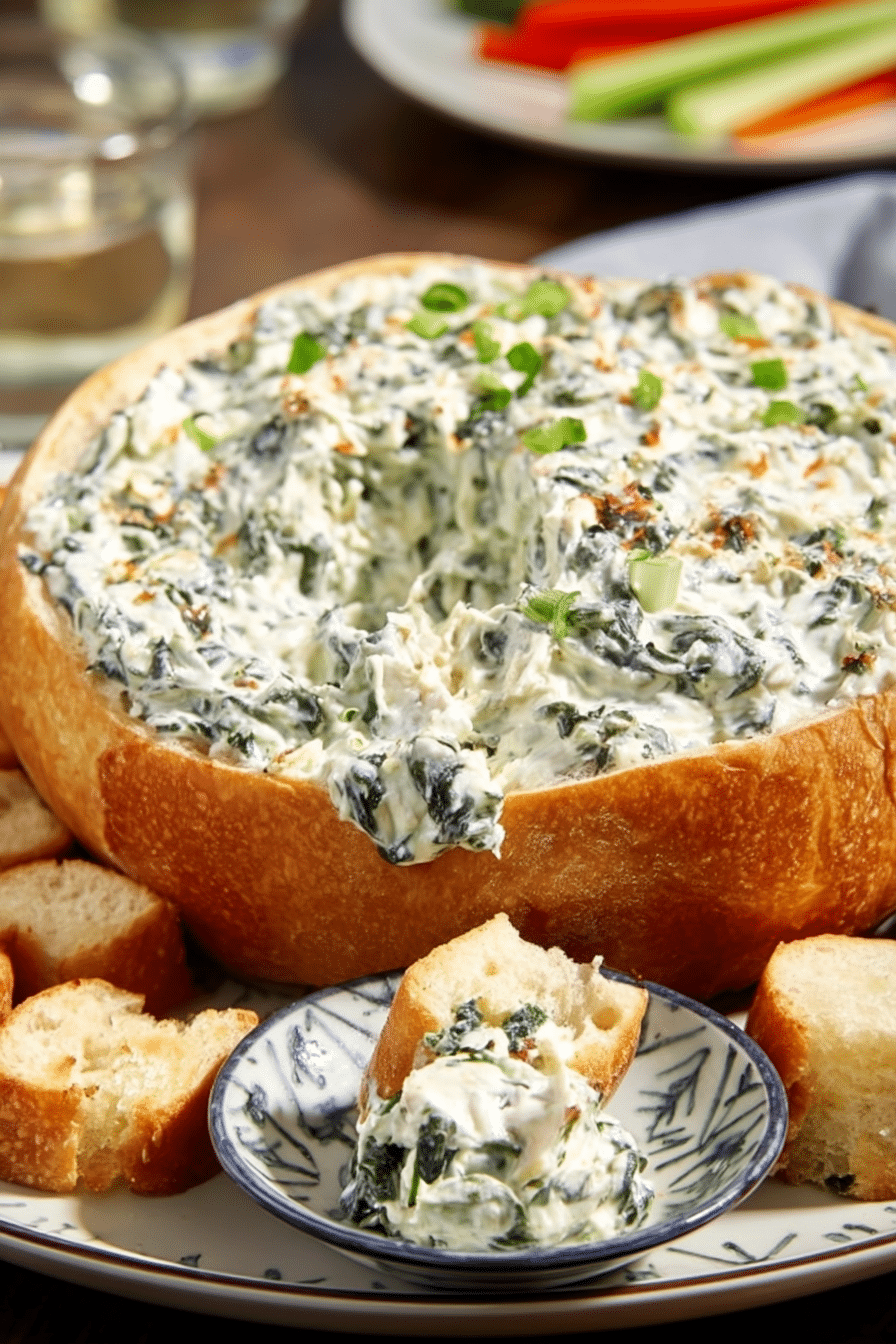 Knorr Spinach Dip spread generously on crackers and pita chips on a platter, ready for a party, with fresh vegetables and more dip in a bowl.