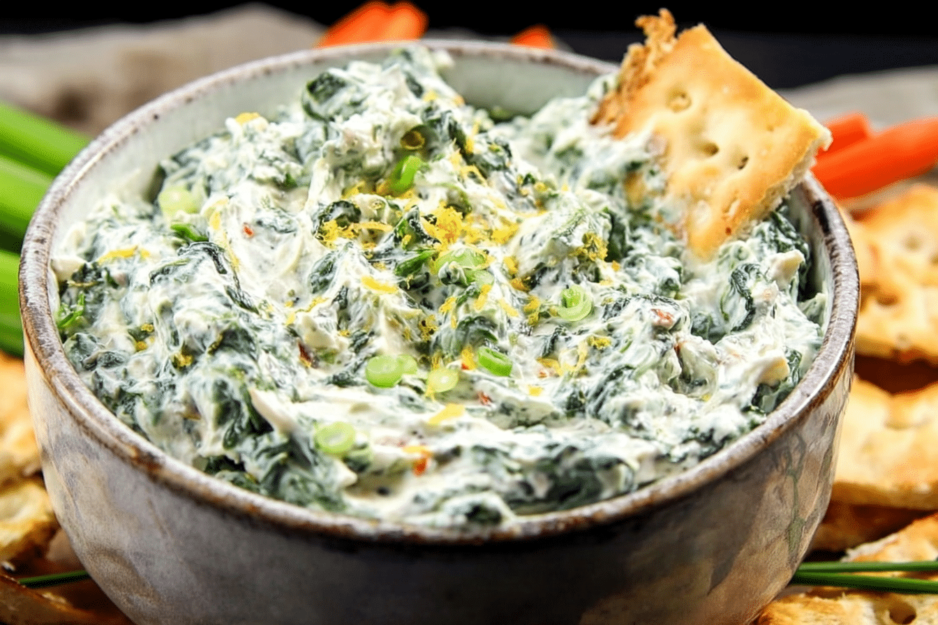 Creamy Knorr Spinach Dip served in a rustic bread bowl, garnished with fresh parsley and a bright lemon wedge, highlighting the fresh lemon zest.