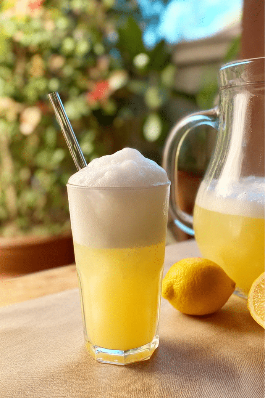 A lifestyle serving scene of lemonade with cold foam served in a glass on a wooden table outdoors, ideal for a sunny day.