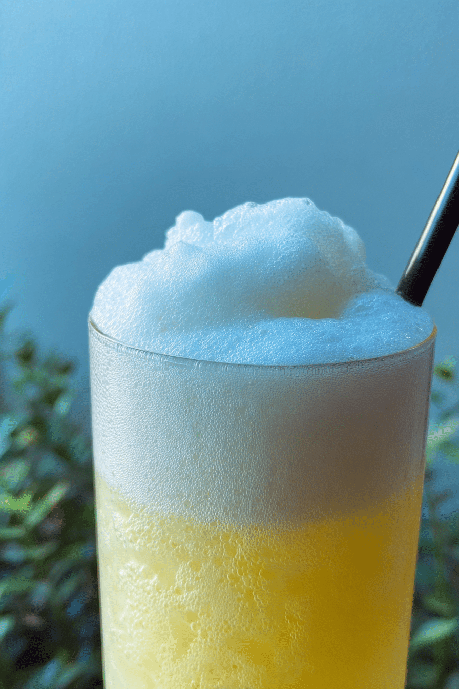 A clean macro close-up of the smooth, creamy sweet cream cold foam floating atop the golden lemonade with cold foam.