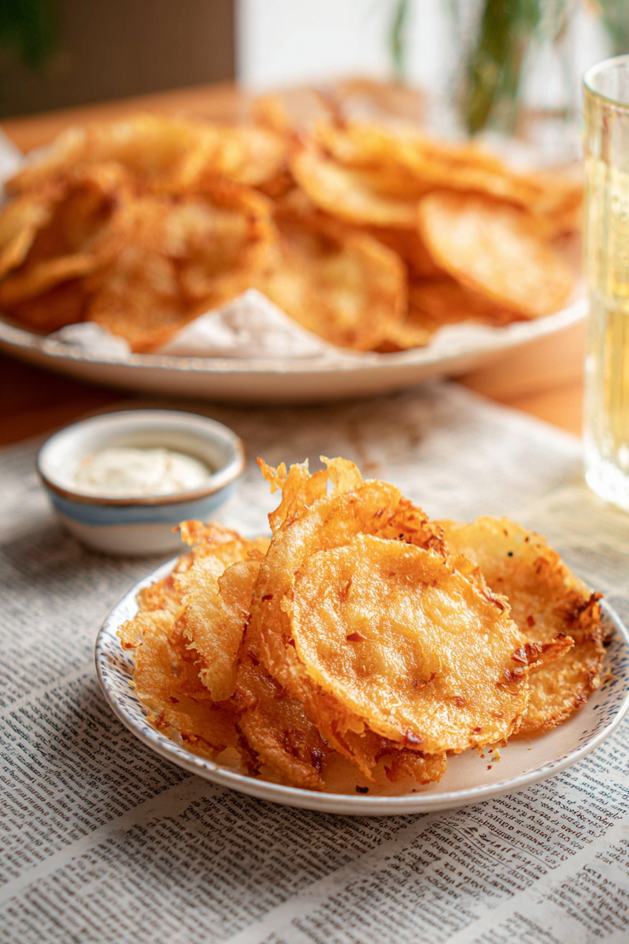 A casual setting with a bowl of low carb onion ring chips next to a small dish of dipping sauce on a wooden table, ready for sharing.