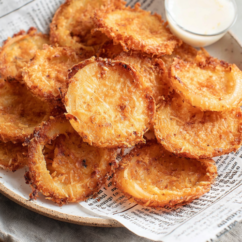 Crispy, golden low carb onion ring chips generously seasoned with smoked paprika and garlic powder, served in a rustic bowl.