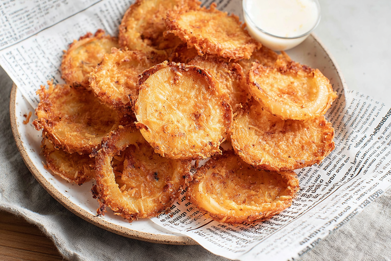 Crispy, golden low carb onion ring chips generously seasoned with smoked paprika and garlic powder, served in a rustic bowl.