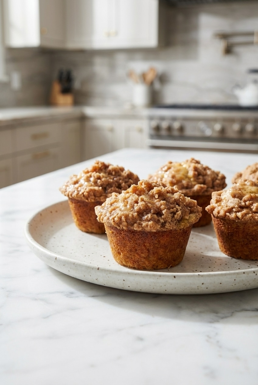 A hand gently breaking open a Banana Streusel Muffin, revealing its moist crumb texture.