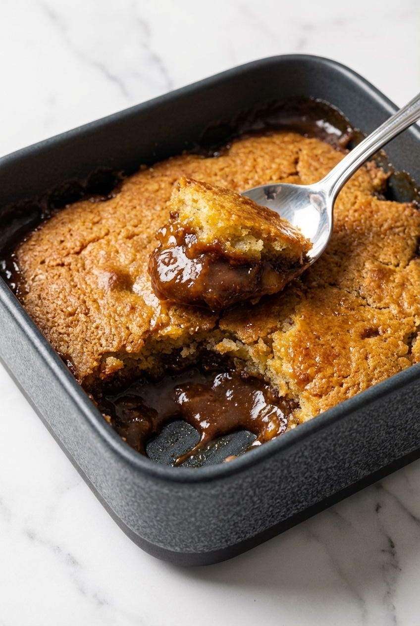 Molten chocolate sauce bubbling in a 9x9 baking dish, forming a self-saucing pudding beneath the cobbler topping.