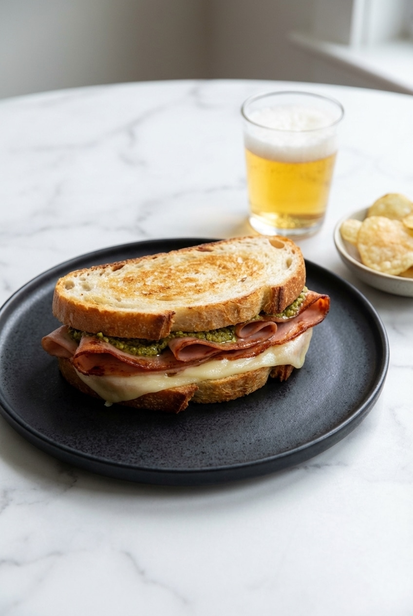 A neatly wrapped mortadella sandwich with lemon-black pepper ricotta, ready for serving or packing for a picnic.