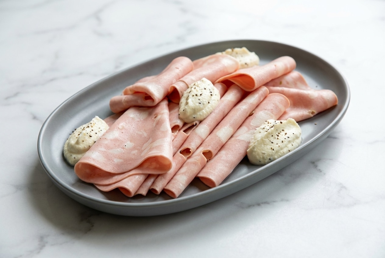 A gourmet mortadella sandwich on a toasted Kaiser roll, filled with fluffy whipped lemon-black pepper ricotta, thin-sliced mortadella, and a hint of Dijon.