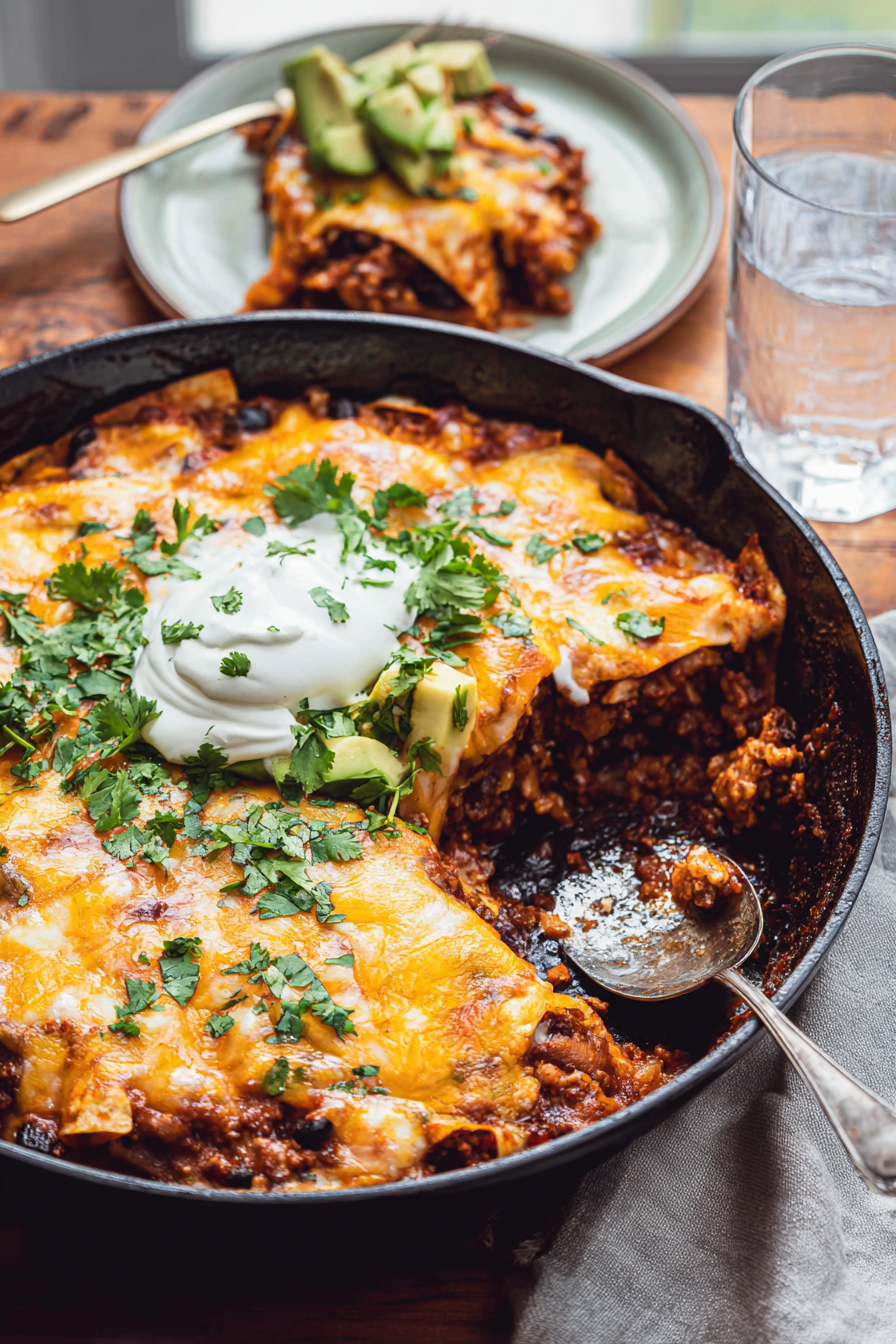 A cozy serving scene of a one pan ground beef enchilada skillet on a wooden table, garnished with cilantro, ready for dinner.