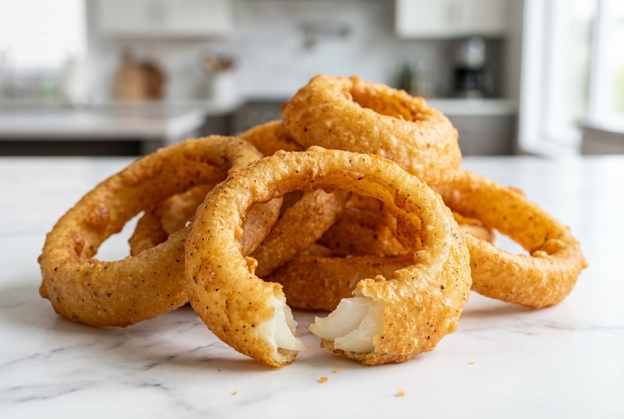 Crispy golden onion rings recipe showing multiple double-dipped rings piled high on a white plate, glinting from the chilled vodka batter.