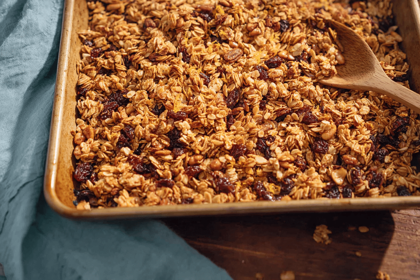 A close-up of a golden-brown granola recipe, rich with oats, nuts, and dried cranberries, infused with a bright orange essence.