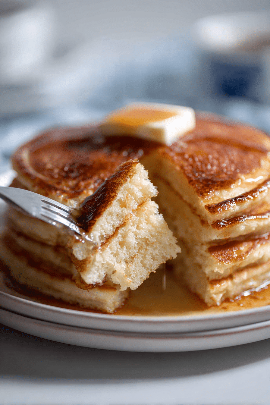 Close-up of a perfectly cooked pancake showing tiny air bubbles and a delicate, fluffy texture, made from our malted pancake mix.