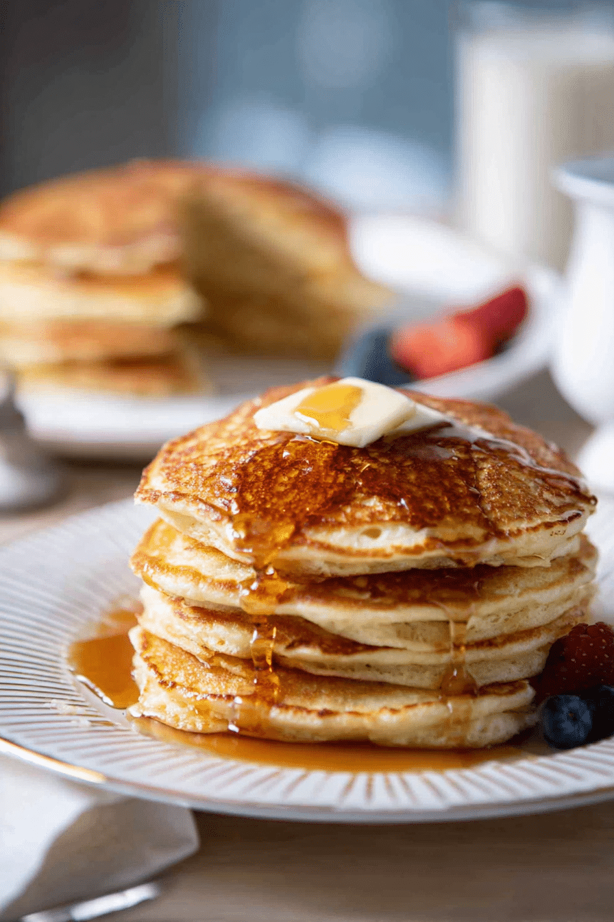 Cozy lifestyle scene showing a serving of double-malt brown butter pancake mix pancakes on a rustic table with coffee and fruit, ready for breakfast.