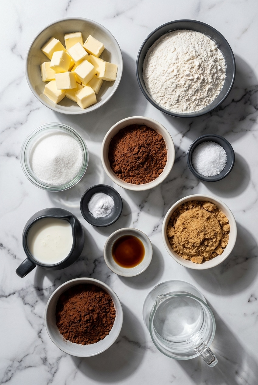 Overhead view of ingredients for southern chocolate cobbler, including natural cocoa powder, sugar, and buttermilk.