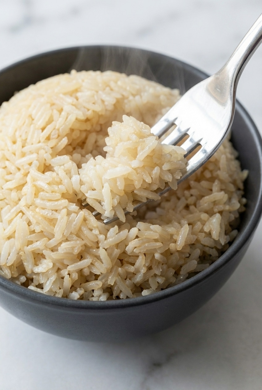 Using a rice paddle to fluff Instant Pot Jasmine Rice after a natural pressure release.
