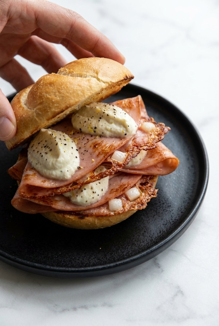 Close-up of golden-brown mortadella slices achieving a perfect Maillard reaction on a griddle, ready for the mortadella sandwich.