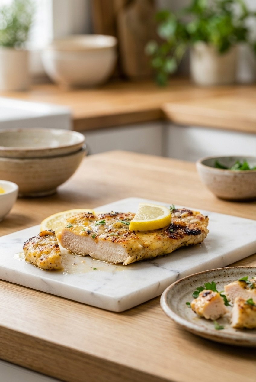 Lemon chicken recipe served on a plate with a side of green beans, ready for a comforting dinner setting.