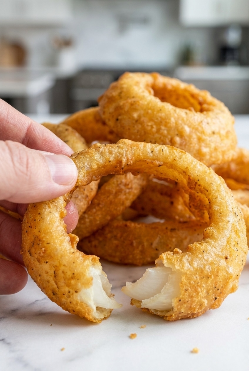 Slices of Vidalia onion being separated into individual rings, showcasing the ideal thickness for the onion rings recipe.