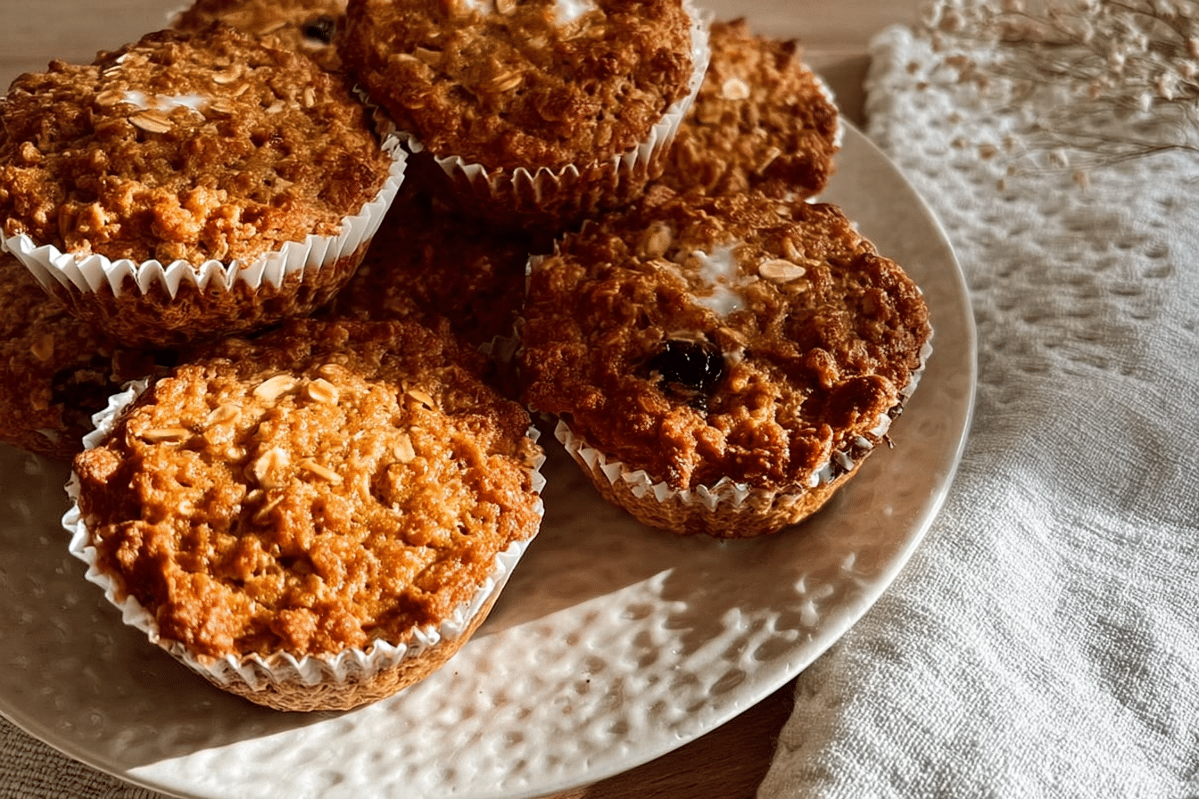 Close-up of golden brown protein breakfast muffins with oats and Greek yogurt, some with a slightly cracked top and visible oats.