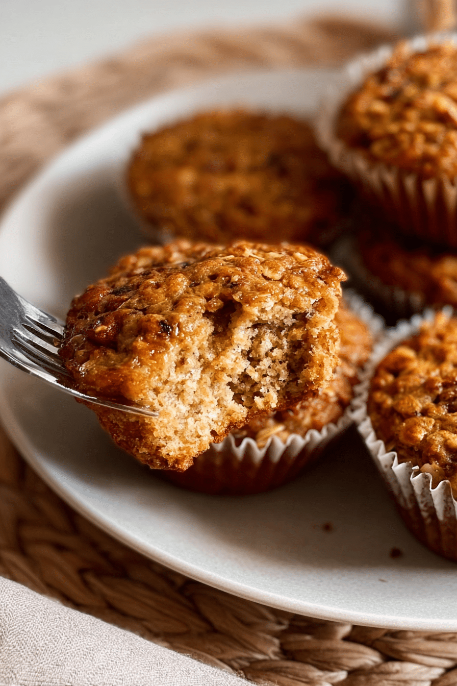 A close-up view of the moist, tender crumb of a protein breakfast muffin, revealing embedded oats and a soft texture.