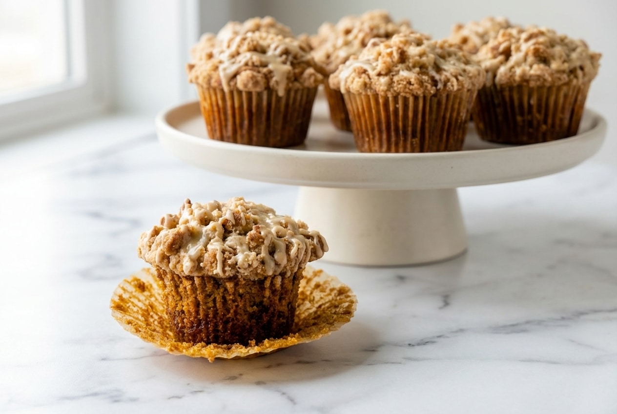 Pumpkin Cinnamon Roll Muffins with a brown butter infused streusel topping and sweet maple glaze drizzle.