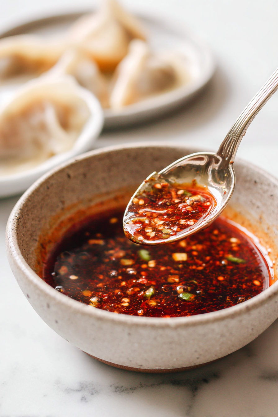 A close-up view of the smooth, glossy surface of the rich dumpling sauce, topped with chili oil and sesame seeds.
