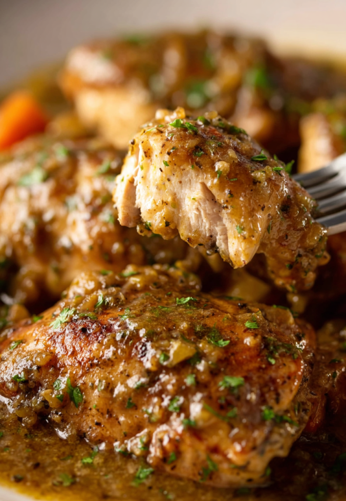 Close-up of tender smothered chicken pieces fully coated in a thick, golden brown, savory gravy within a cast iron skillet.