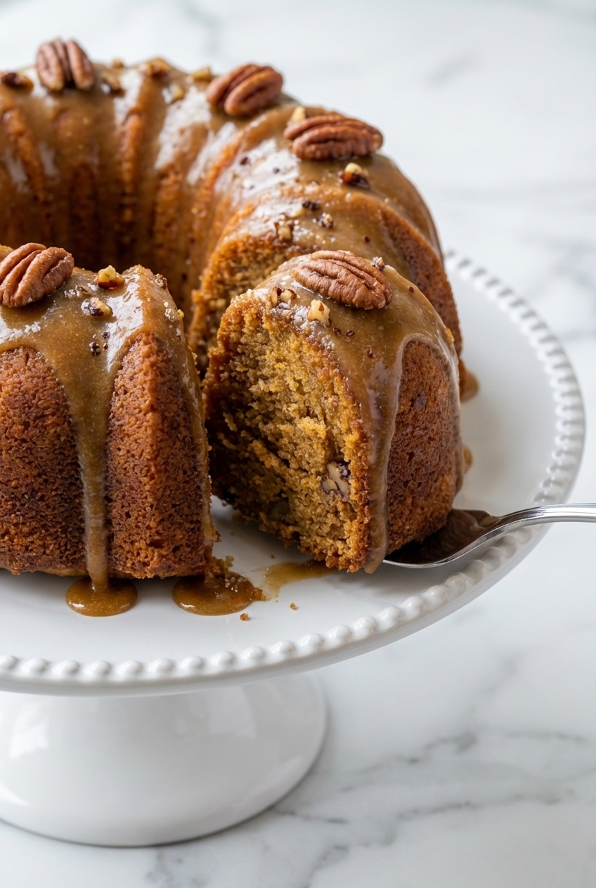 A slice of salted caramel kentucky butter cake showing its tender, moist crumb texture and glistening top.