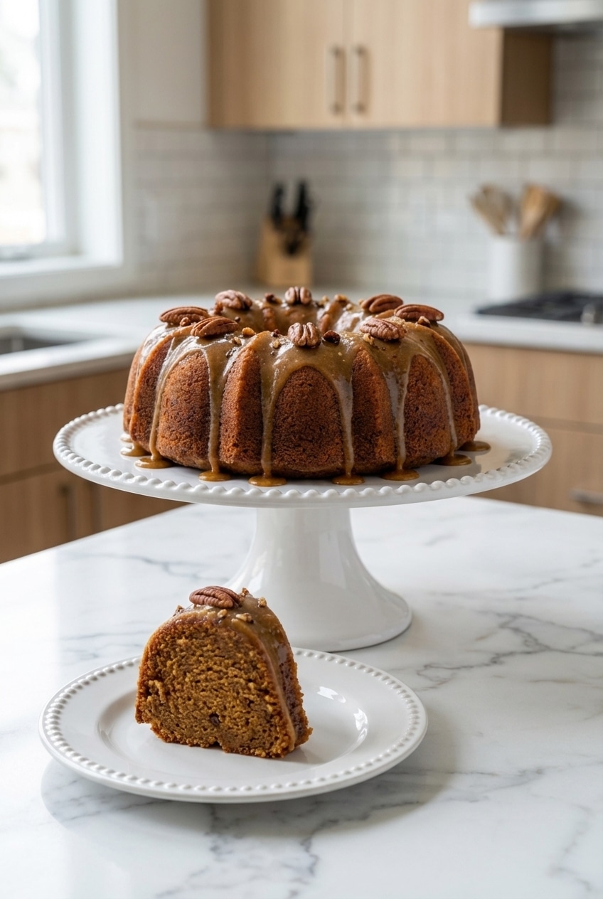 A whole salted caramel kentucky butter cake surrounded by cozy kitchen decor, ready for serving.