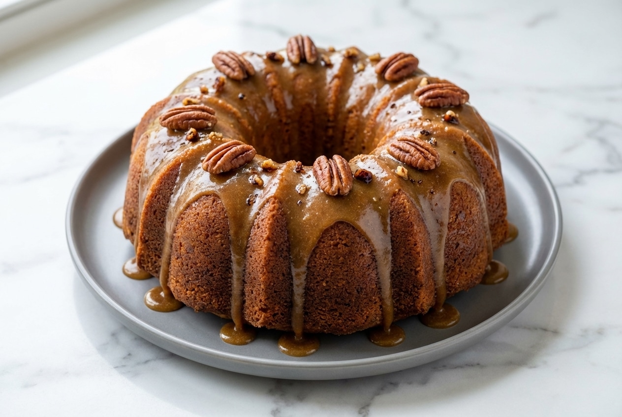 A glistening salted caramel kentucky butter cake, drizzled with rich brown butter sauce, on a white cake stand.