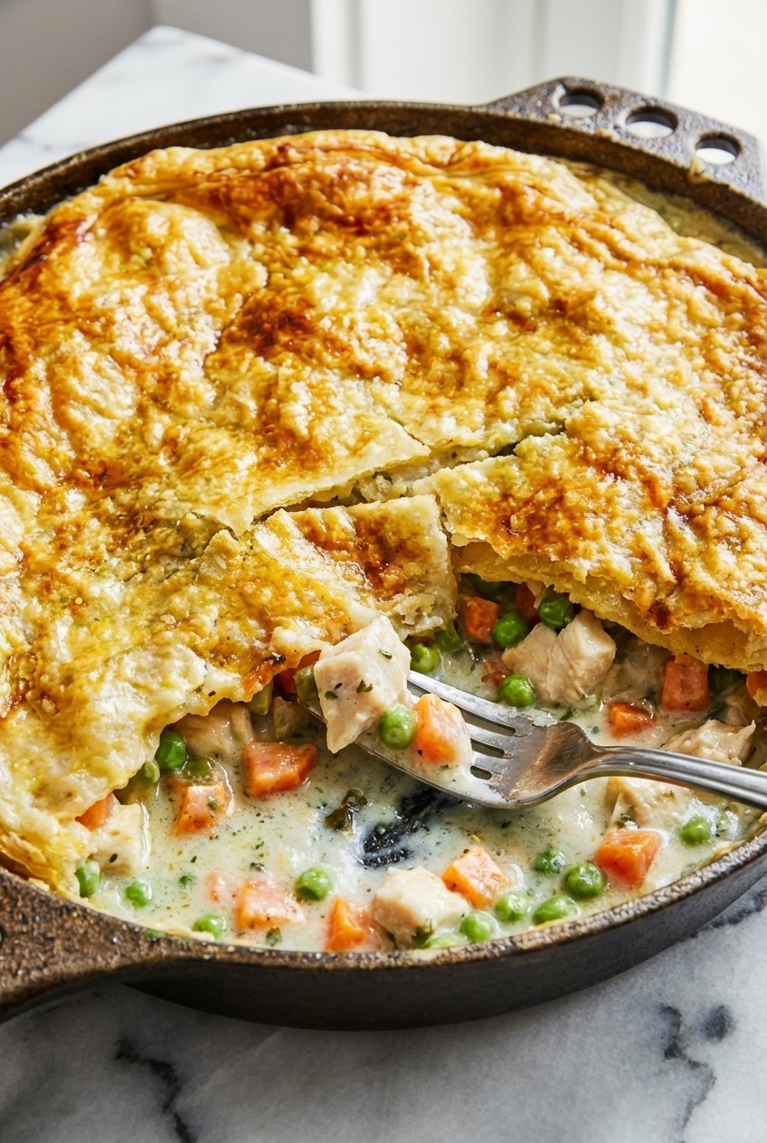 Sautéing leeks and mirepoix in a cast iron skillet for the Chicken Pot Pie base, achieving a beautiful Maillard reaction.