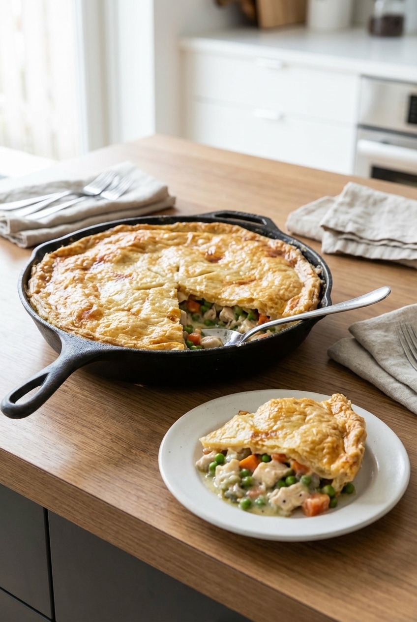 A slice of Chicken Pot Pie on a plate, revealing its creamy filling and tender chicken, ready to be served.