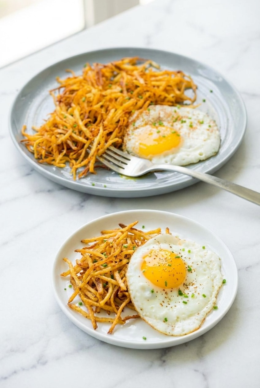 Air fryer hash browns served on a white plate next to breakfast sides.