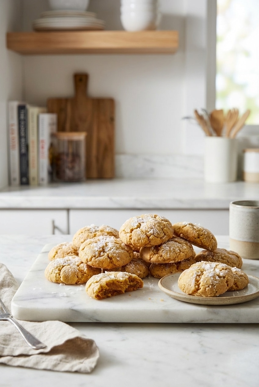A stack of freshly baked Gooey Butter Cookies on a cooling rack, lightly dusted with confectioners' sugar.