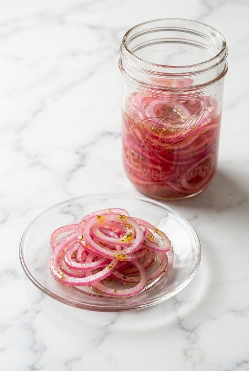 Cebolla curtida served alongside cochinita pibil tacos on a rustic wooden board, ready for eating.