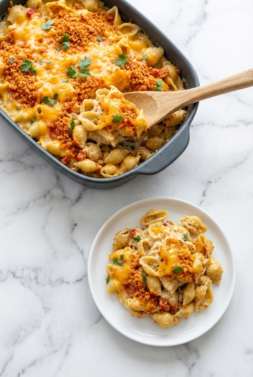 A fresh serving of cheesy chicken casserole on a dinner plate, perfect for meal prep or family gatherings.