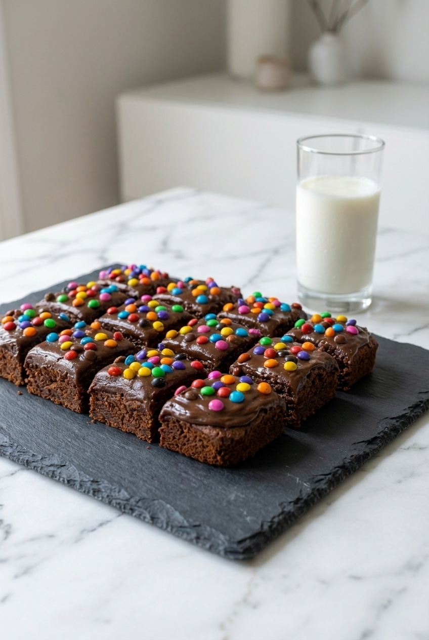A stack of freshly baked copycat cosmic brownies on parchment paper, ready to be served from a wooden cutting board.