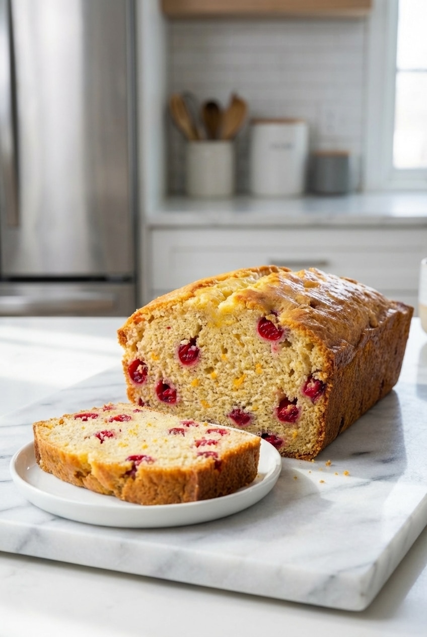 A festive table setting featuring slices of cranberry orange bread with coffee, ready for a cozy breakfast or brunch.