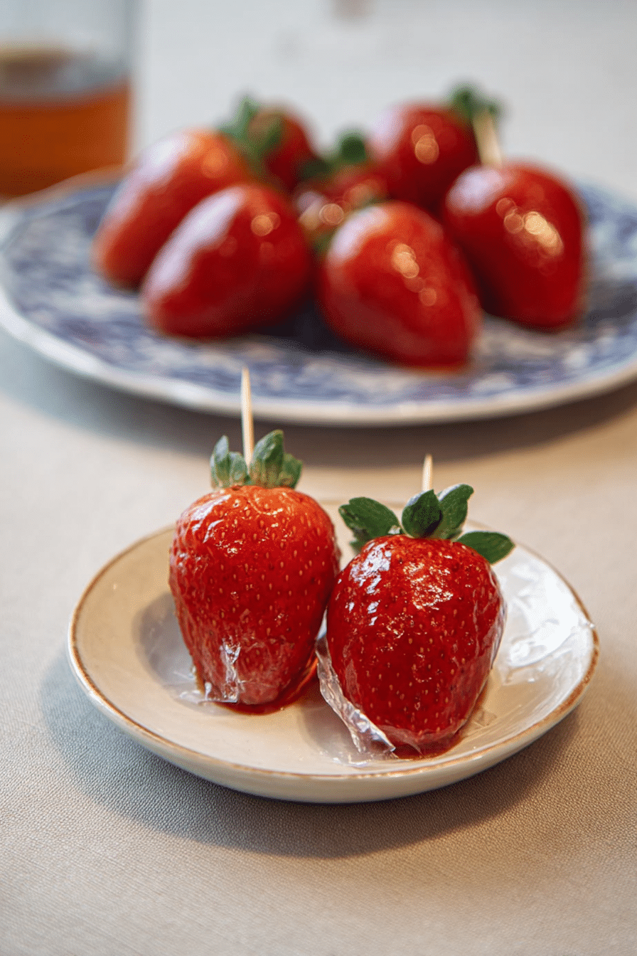 Arrangement of freshly made strawberry tanghulu featuring a clear, shiny coating, artfully presented on a serving platter for a delightful dessert.