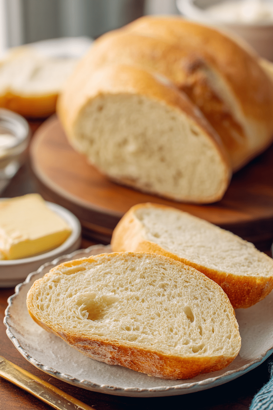 A rustic arrangement of sliced french bread on a wooden board, ready for serving during a casual meal.
