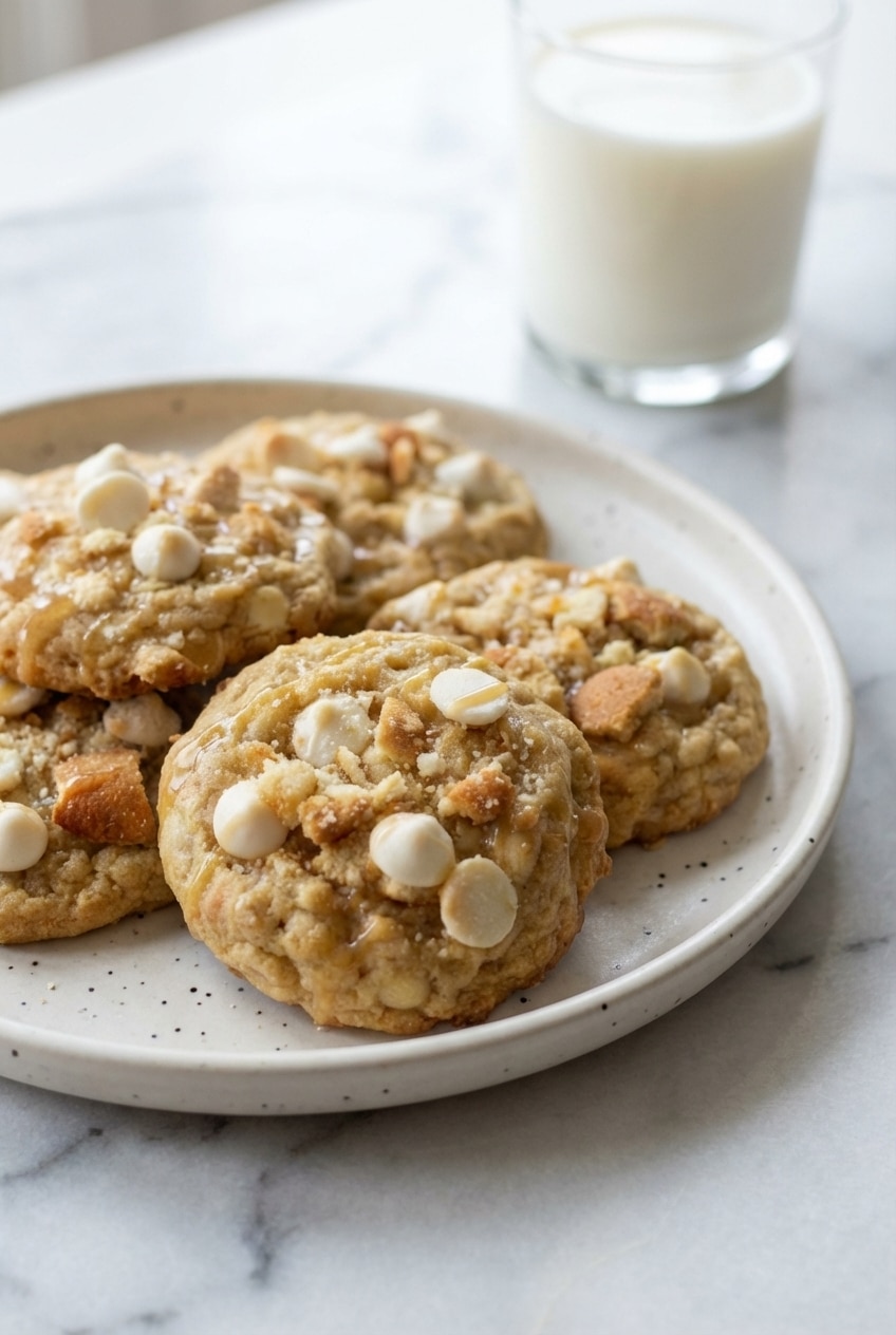 A stack of banana pudding cookies cooling on a wire rack, ready for serving.