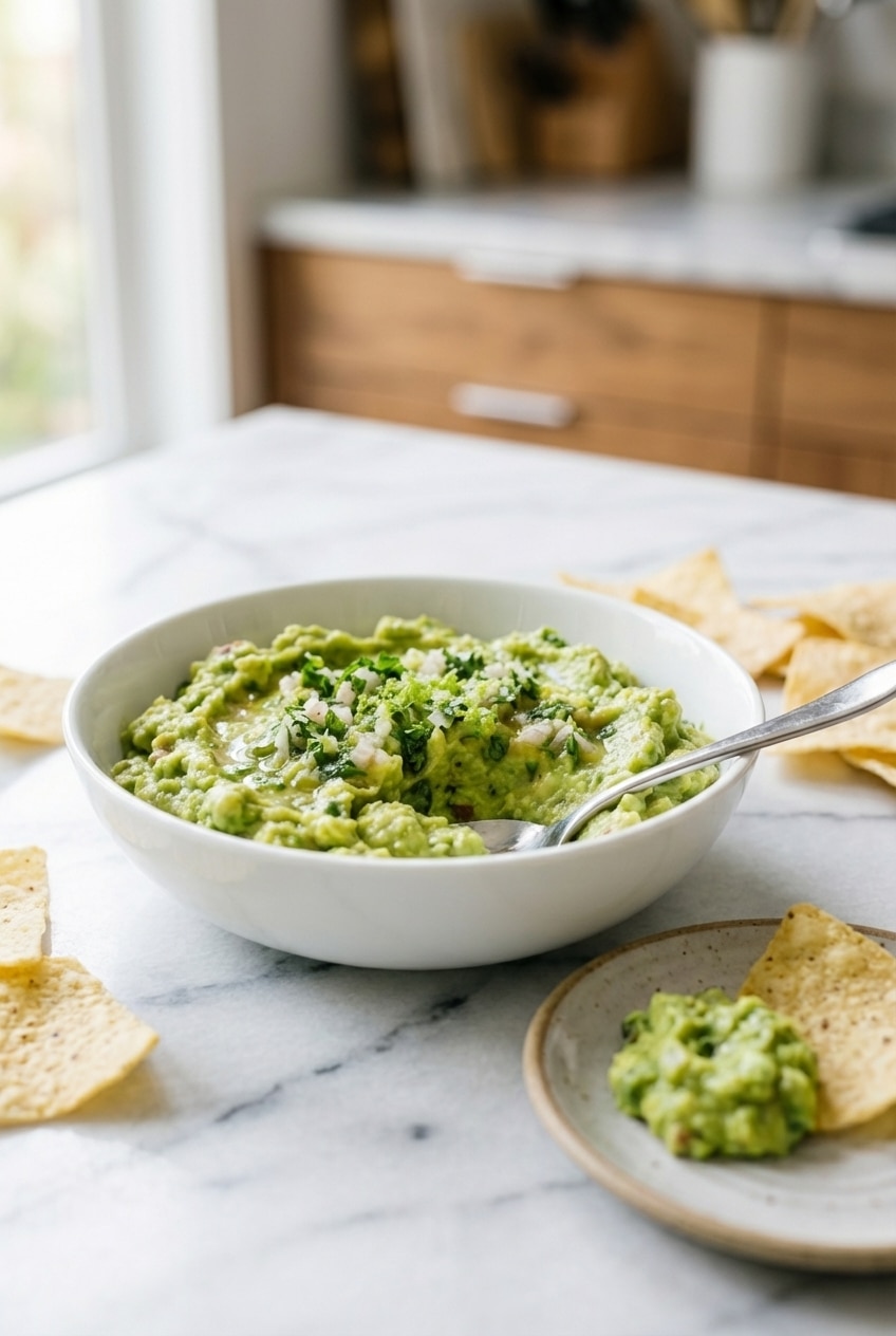 A rustic molcajete filled with a generous helping of guacamole, surrounded by crispy tortilla chips, ready for serving.