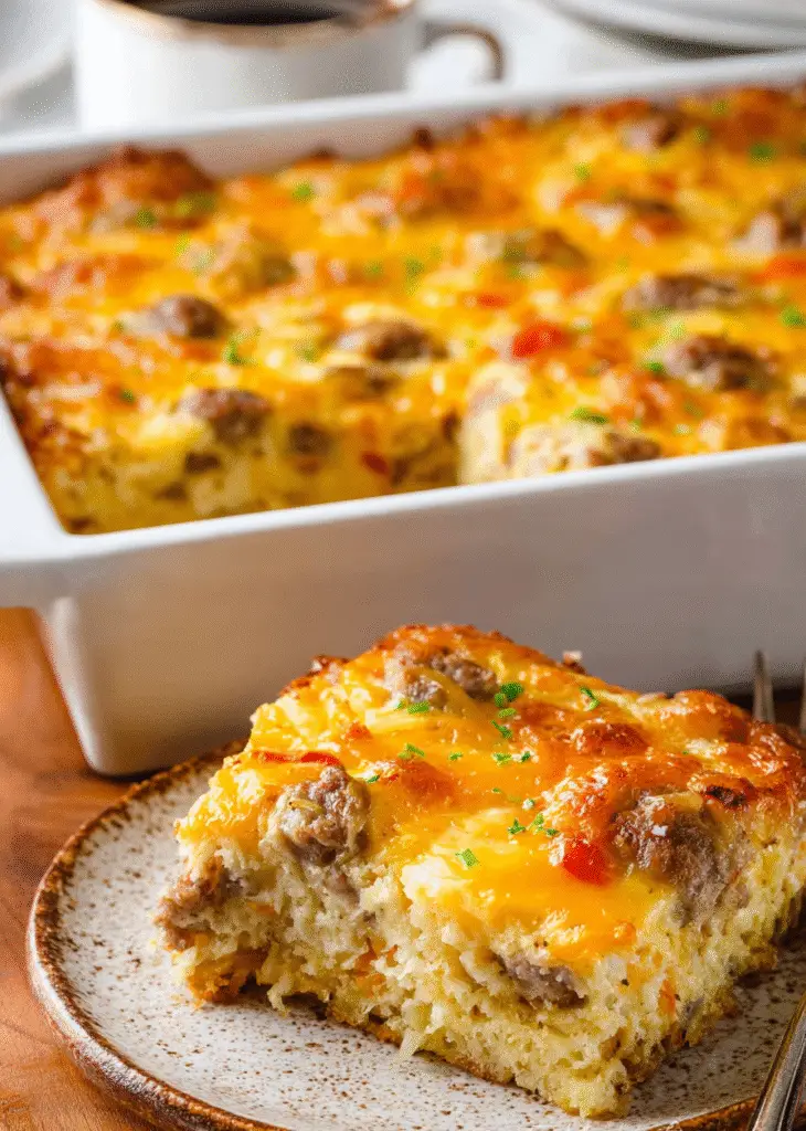 A warm slice of Hashbrown Breakfast Casserole served on a plate with fresh parsley garnish, ready for brunch.