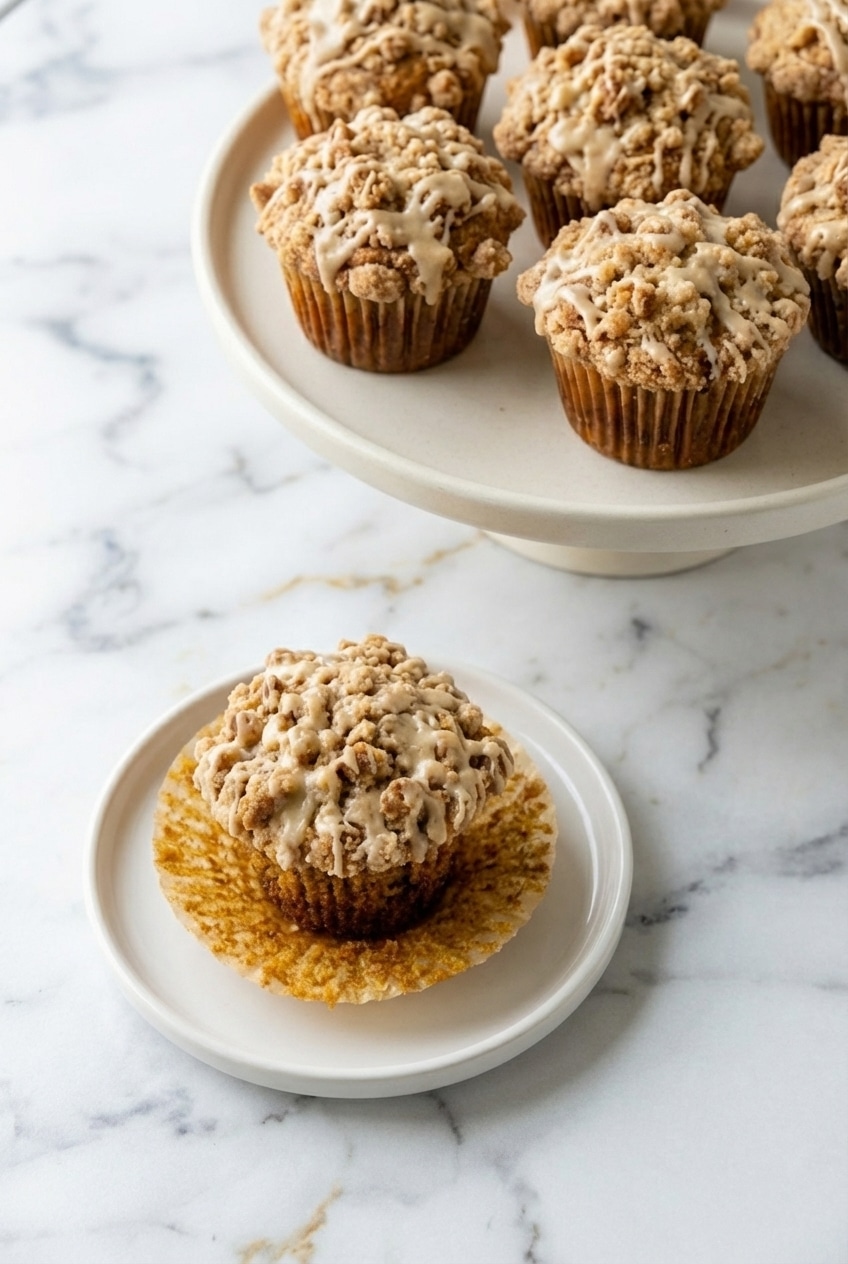 Pumpkin Cinnamon Roll Muffins stacked on a wooden board ready for serving.