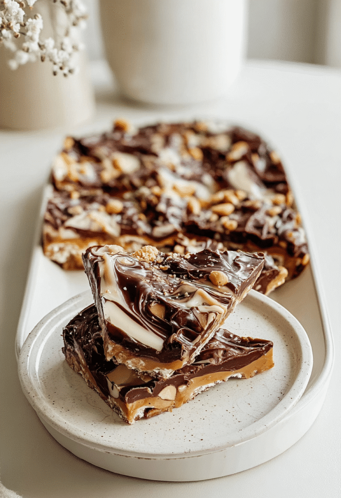 A hand reaching for a piece of snickers date bark with tahini on a rustic wooden board, implying a casual snack time.