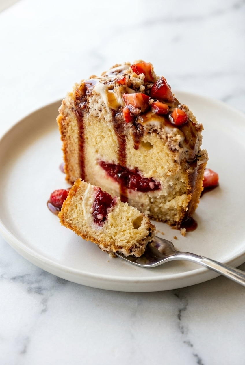 A serving of strawberries and cream coffee cake on a white plate with a fork.