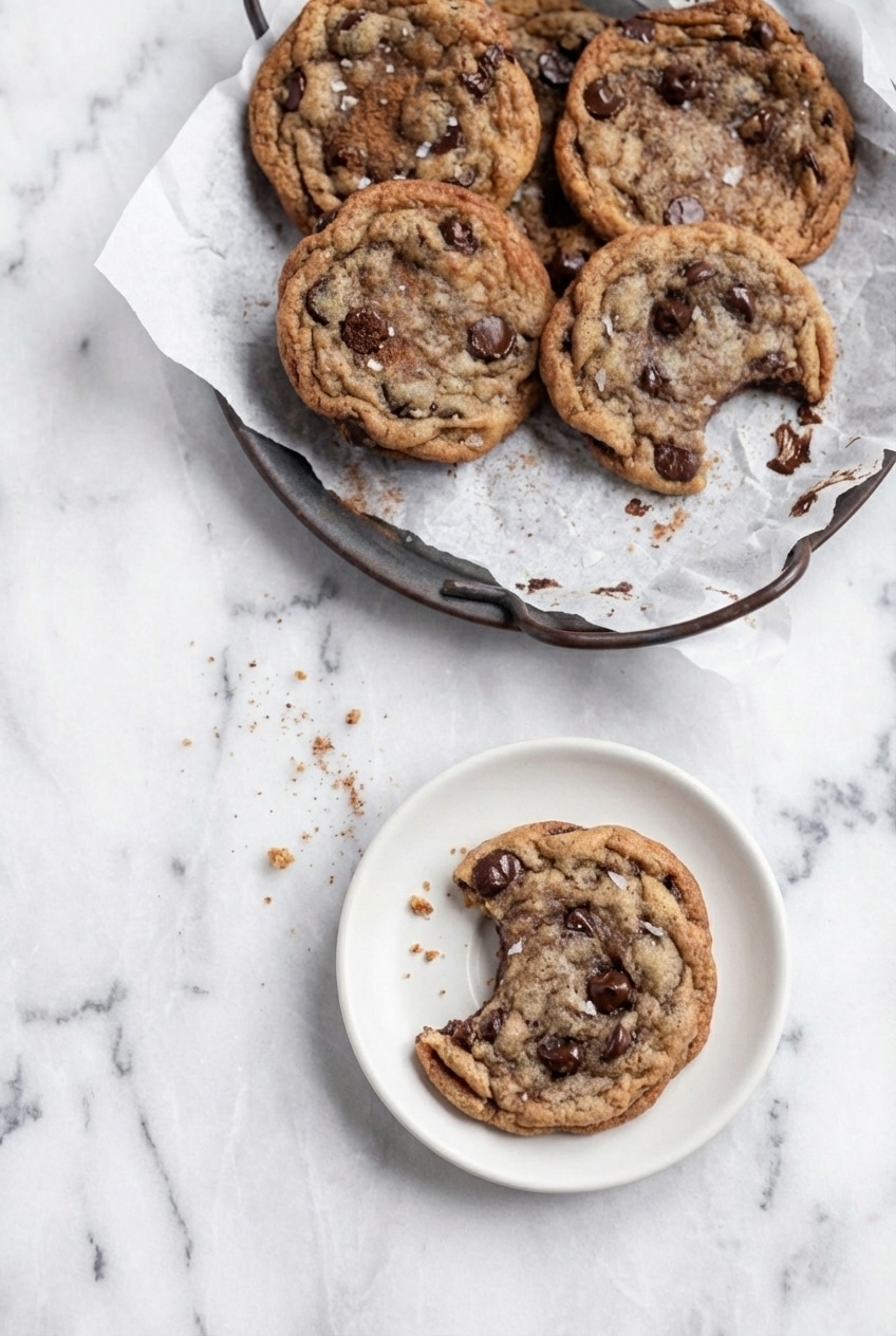 A stack of warm banana chocolate chip cookies presented on a rustic wooden board, ready for serving.