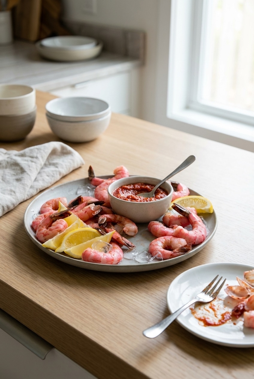 A formal serving of chilled shrimp cocktail in a glass bowl with cocktail sauce for a special occasion.